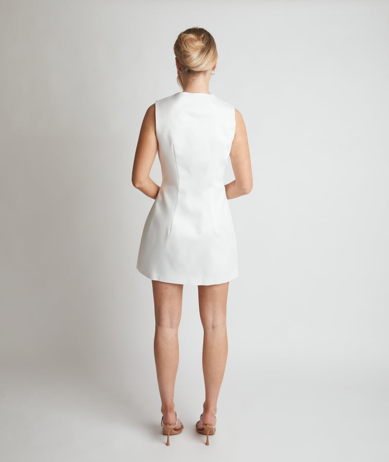 Button Through Satin Tailored Mini Dress - White