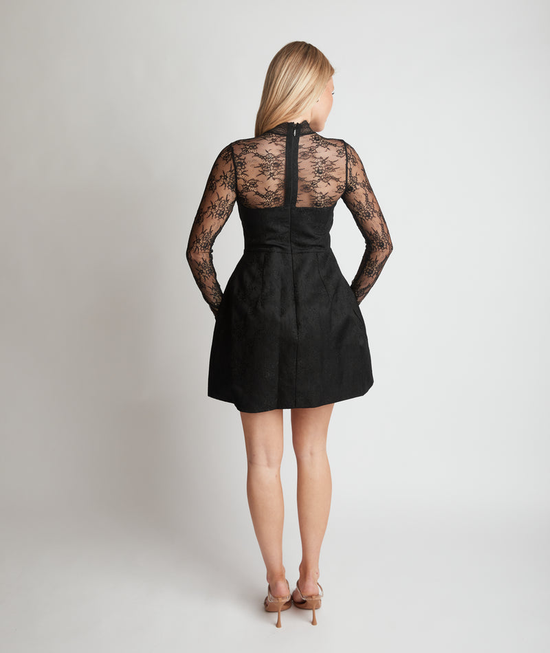 Lace Sleeve Cup Detail Mini Dress - Black