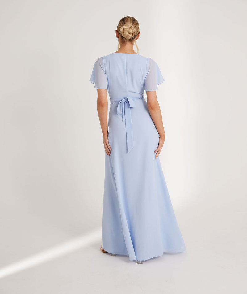 Flutter sleeve wrap tie blue bridesmaid dress