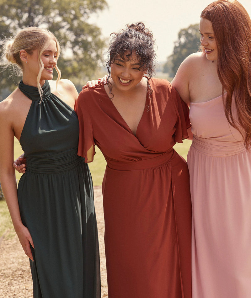 Flutter Sleeve Wrap Tie Chiffon Bridesmaid Dress - Rust