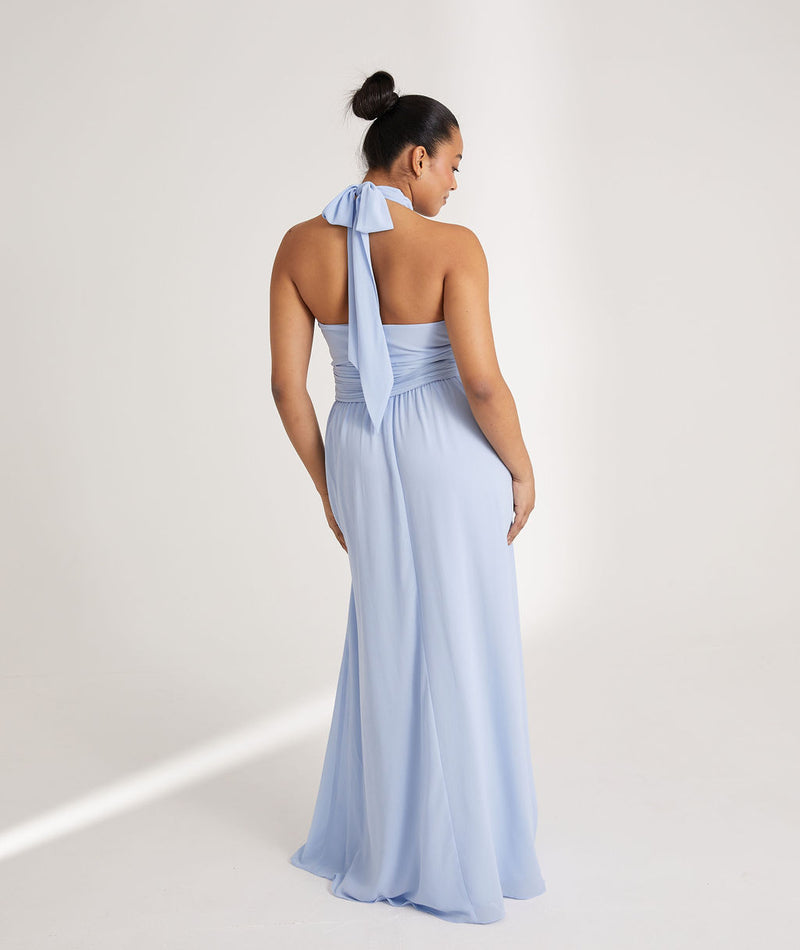 Halter Neck Pleated Waist Chiffon Bridesmaid Dress - Cornflower Blue