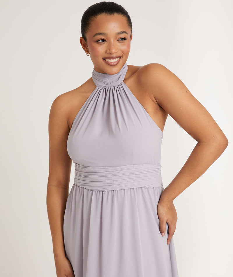 Halter Neck Pleated Waist Chiffon Bridesmaid Dress - Lilac