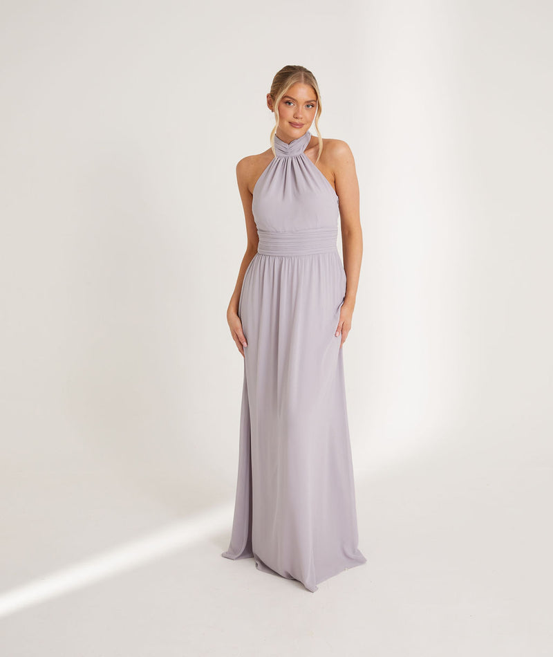 Halter Neck Pleated Waist Chiffon Bridesmaid Dress - Lilac