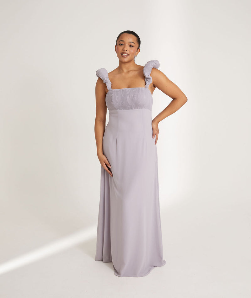 Pleated Statement Shoulder Chiffon Bridesmaid Dress - Lilac