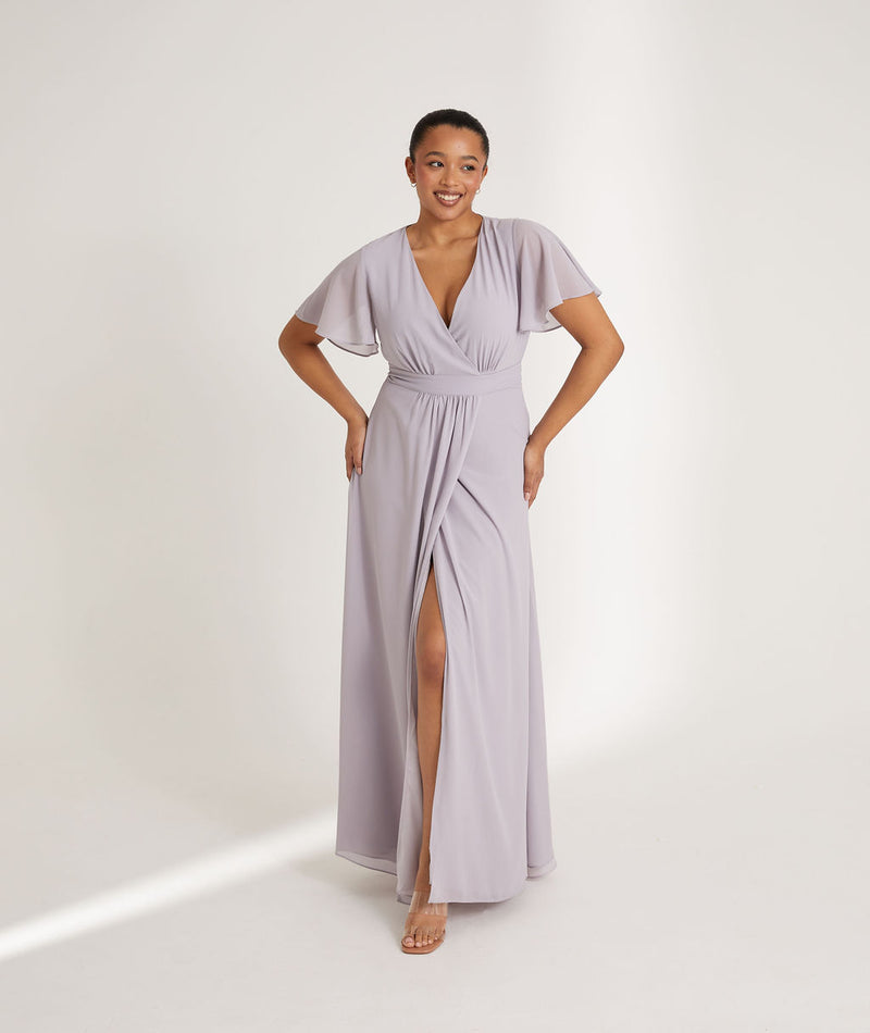 Flutter Sleeve Wrap Tie Chiffon Bridesmaid Dress - Lilac