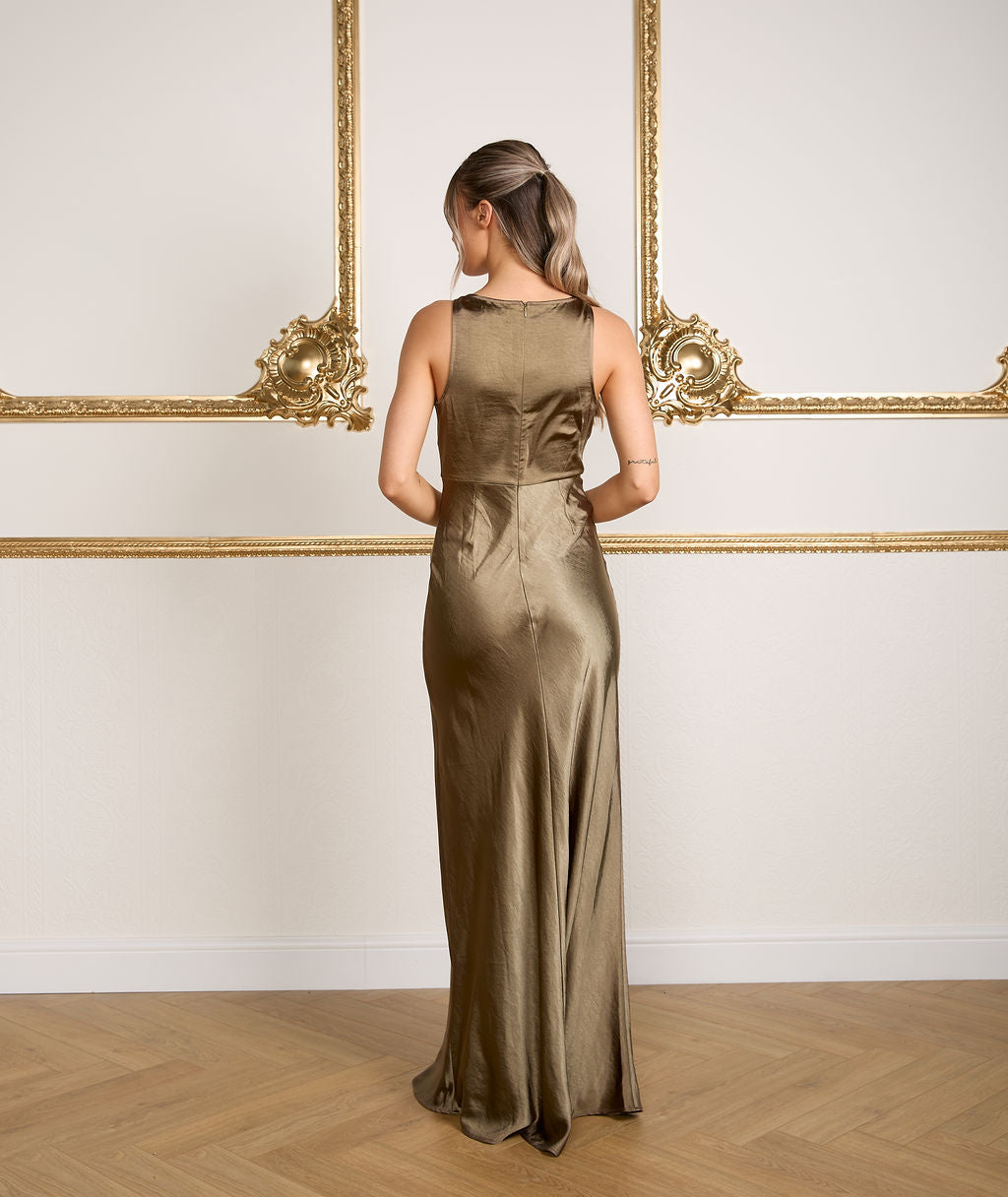 Cowl Front Satin Bridesmaid Dress - Olive | Six Stories