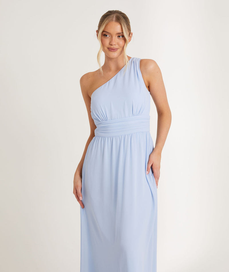 One Shoulder Pleated Chiffon Bridesmaid Dress - Cornflower Blue