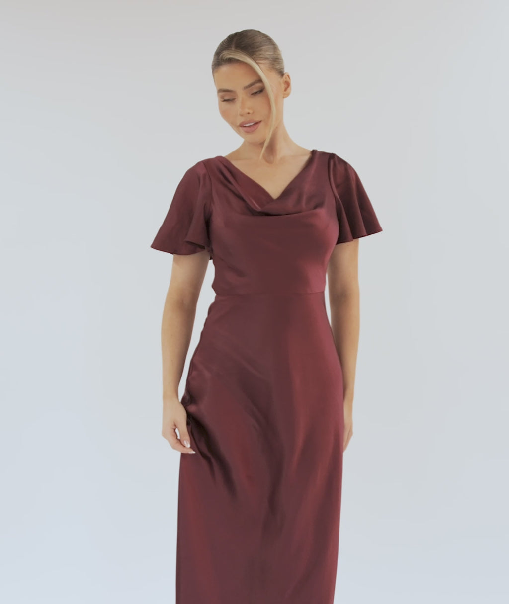 Cowl Front Satin Short Sleeve Bridesmaid Dress - Deep Wine