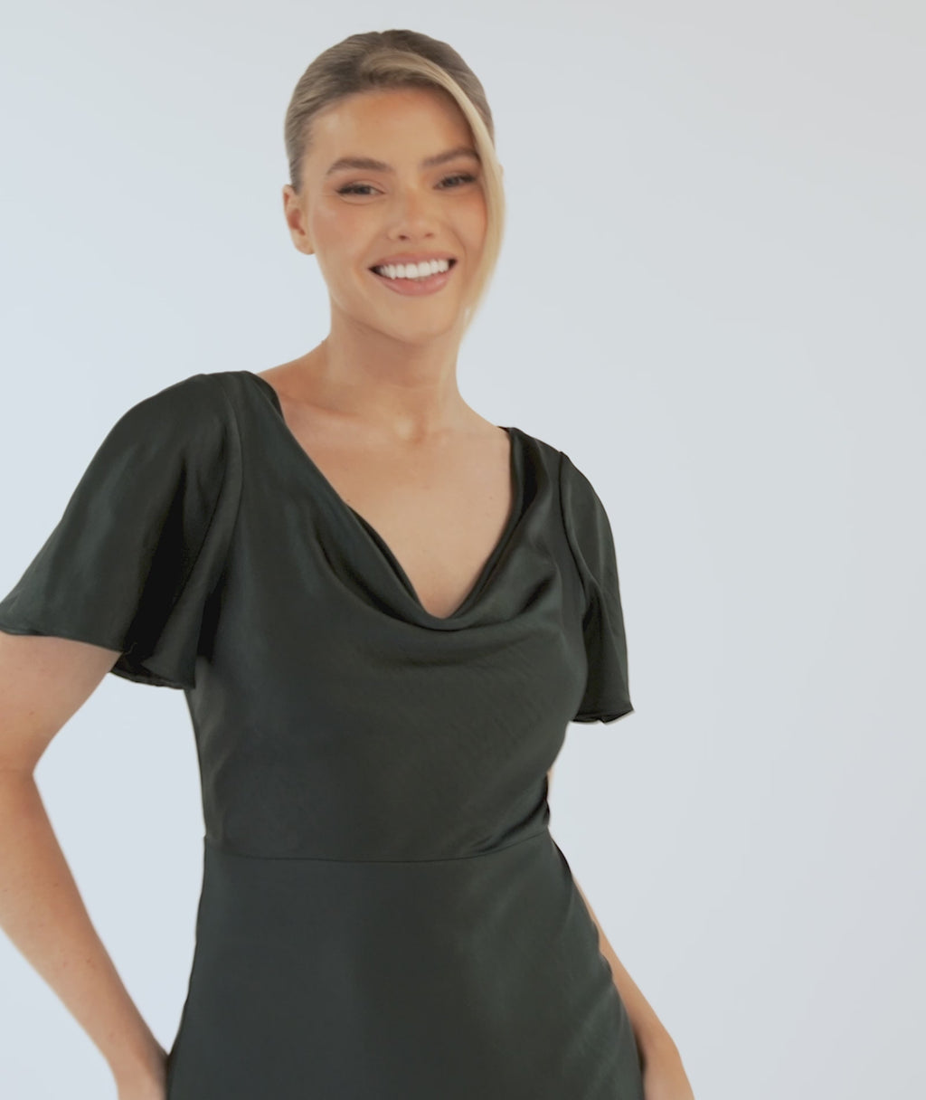 Cowl Front Satin Short Sleeve Bridesmaid Dress - Emerald