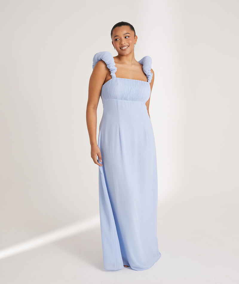 Pleated Statement Shoulder Chiffon Bridesmaid Dress - Cornflower Blue